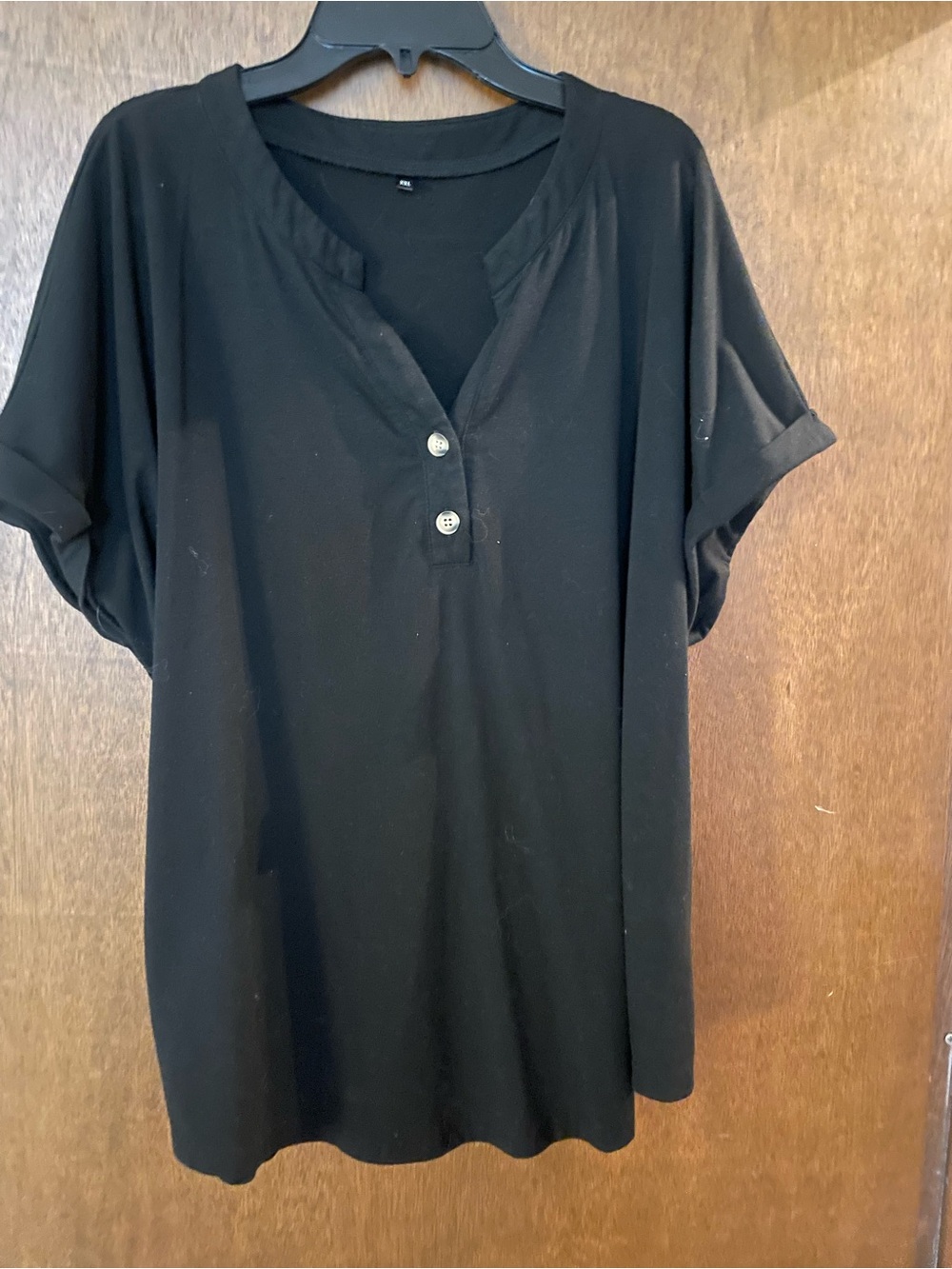Amazon Women's Black Short-Sleeve Henley Top with Two-Button Placket
